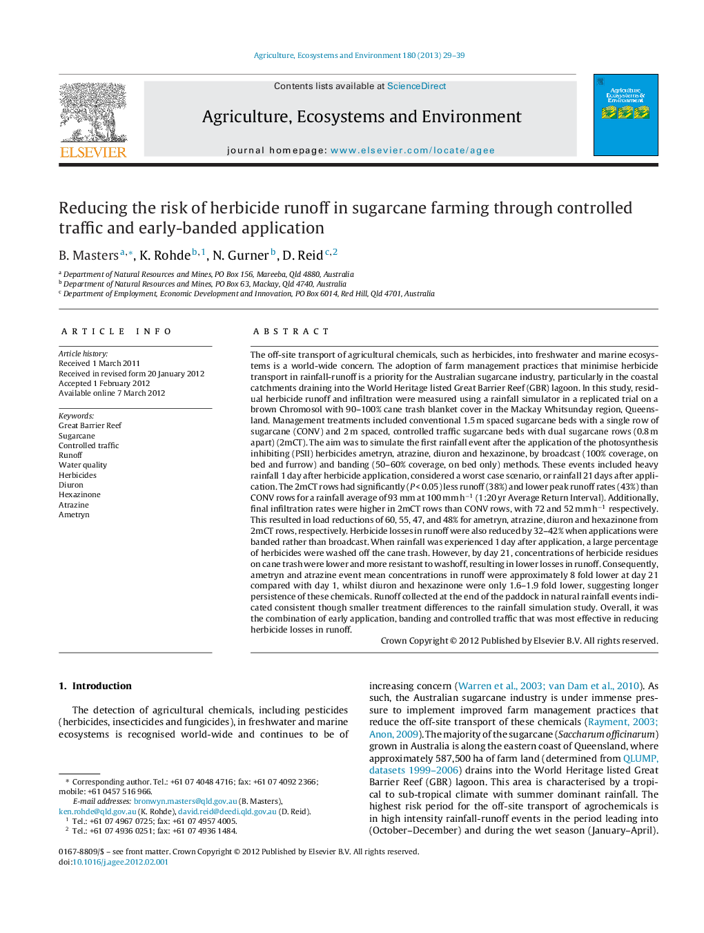 Reducing the risk of herbicide runoff in sugarcane farming through controlled traffic and early-banded application