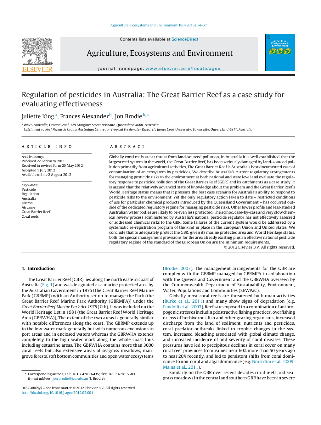 Regulation of pesticides in Australia: The Great Barrier Reef as a case study for evaluating effectiveness