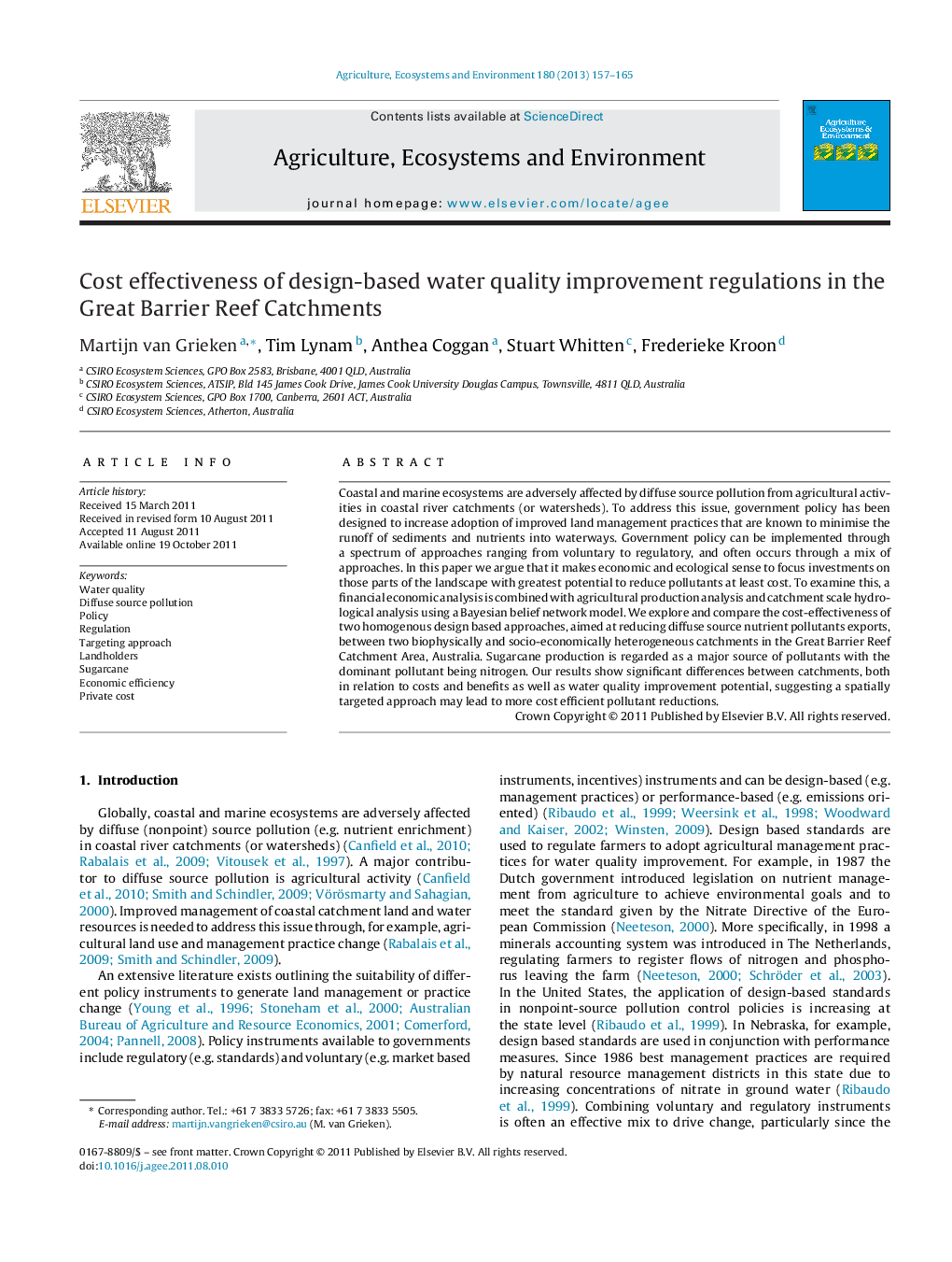 عکس صفحه اول مقاله: Cost effectiveness of design-based water quality improvement regulations in the Great Barrier Reef Catchments Cost effectiveness of design-based water quality improvement regulations in the Great Barrier Reef Catchments