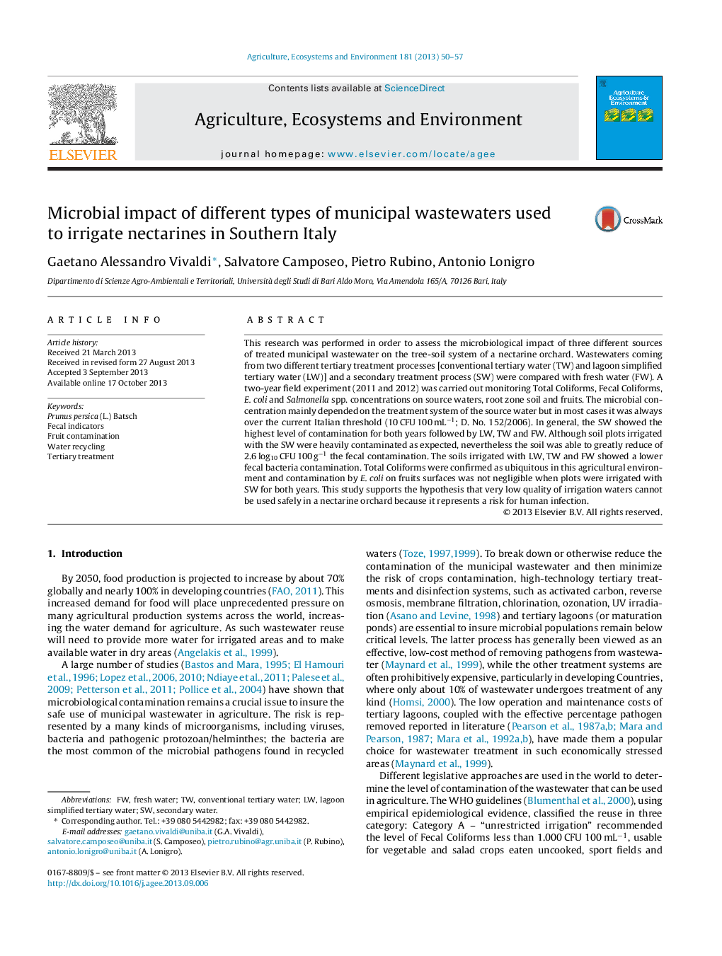 Microbial impact of different types of municipal wastewaters used to irrigate nectarines in Southern Italy