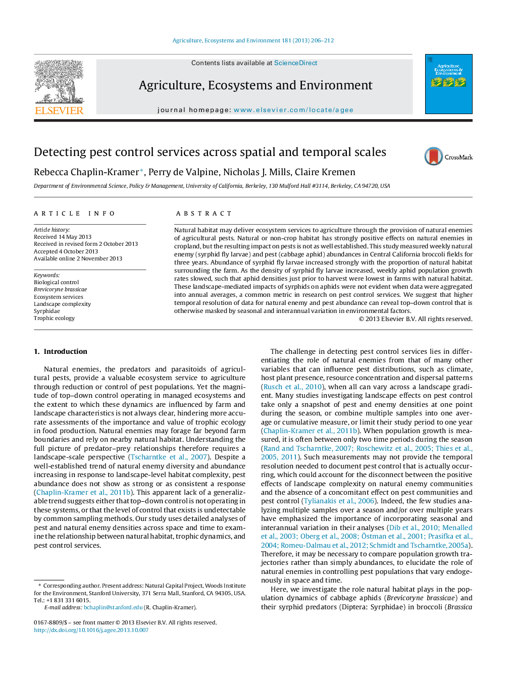 Detecting pest control services across spatial and temporal scales