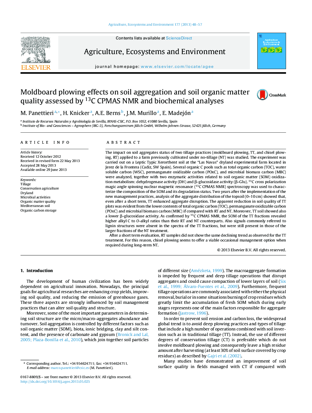 Moldboard plowing effects on soil aggregation and soil organic matter quality assessed by 13C CPMAS NMR and biochemical analyses