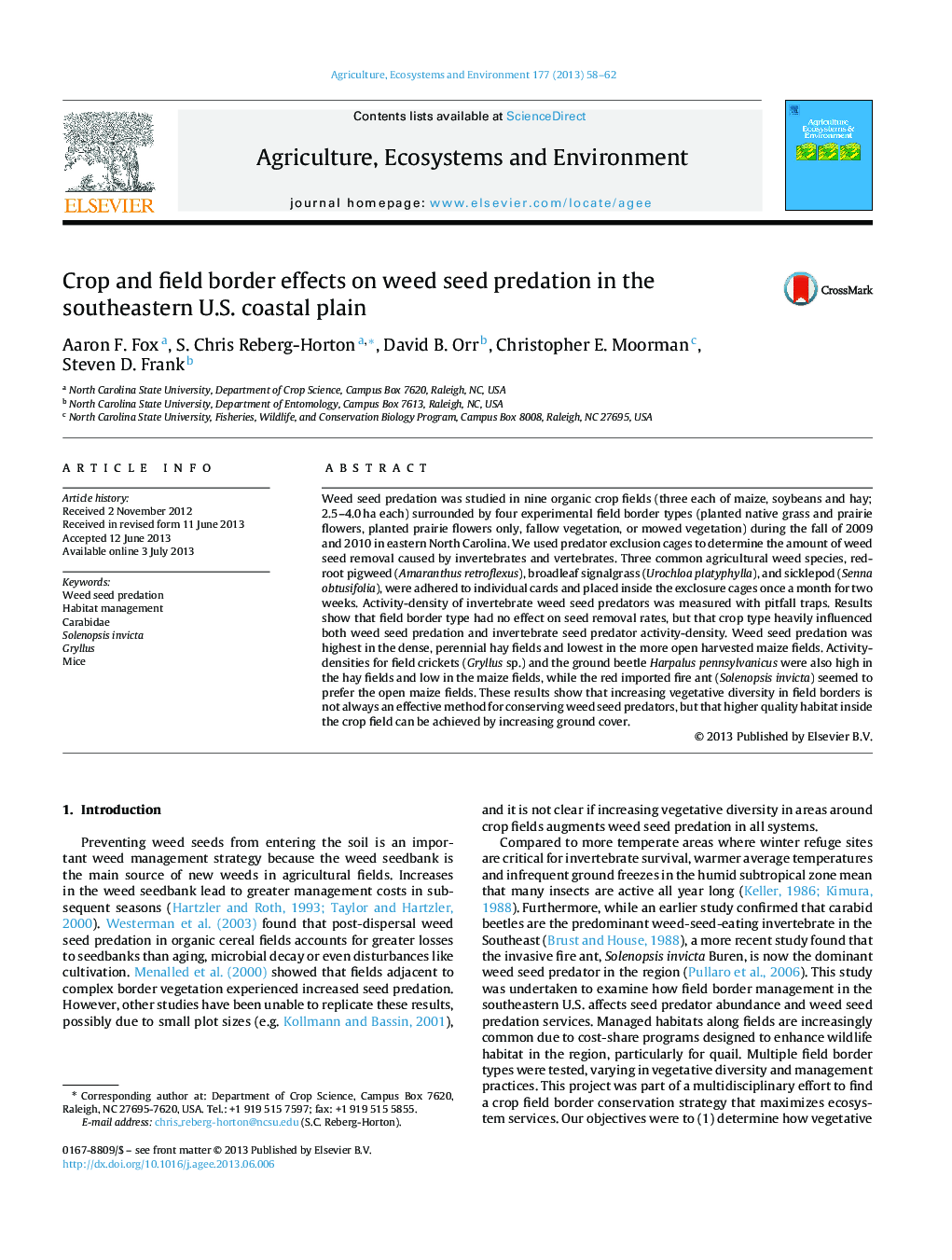 Crop and field border effects on weed seed predation in the southeastern U.S. coastal plain