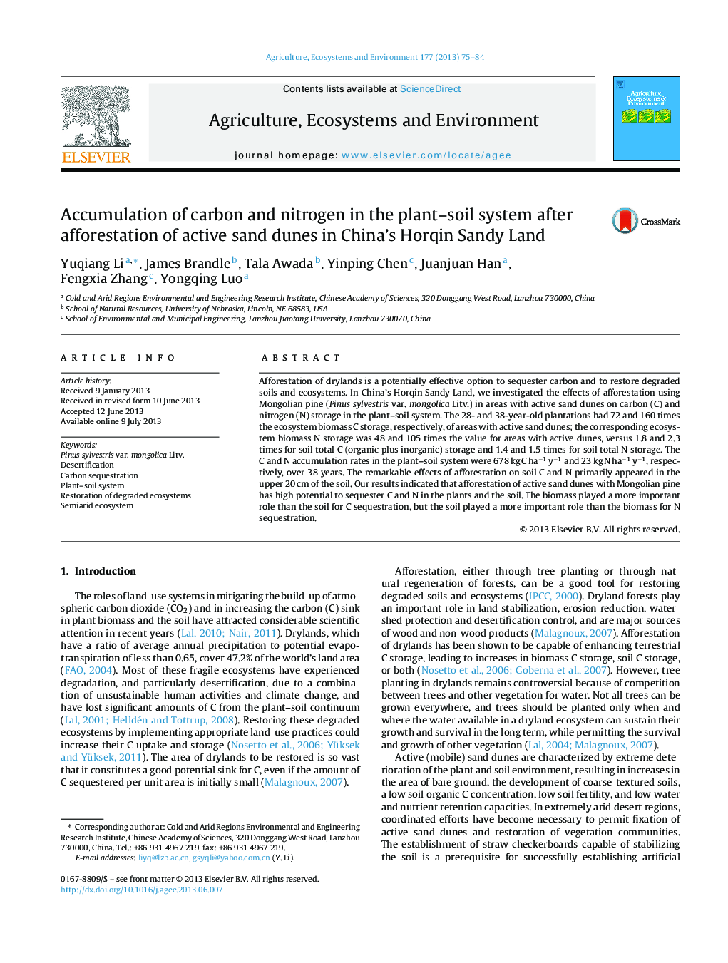 Accumulation of carbon and nitrogen in the plant–soil system after afforestation of active sand dunes in China's Horqin Sandy Land