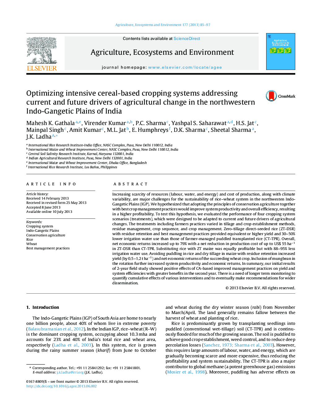 Optimizing intensive cereal-based cropping systems addressing current and future drivers of agricultural change in the northwestern Indo-Gangetic Plains of India