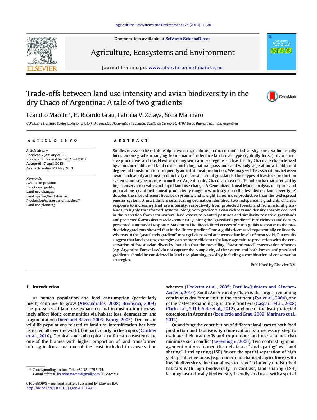 Trade-offs between land use intensity and avian biodiversity in the dry Chaco of Argentina: A tale of two gradients