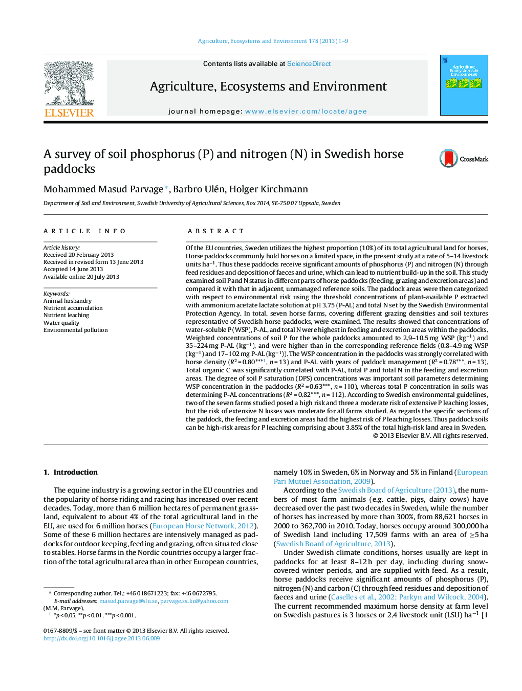 A survey of soil phosphorus (P) and nitrogen (N) in Swedish horse paddocks