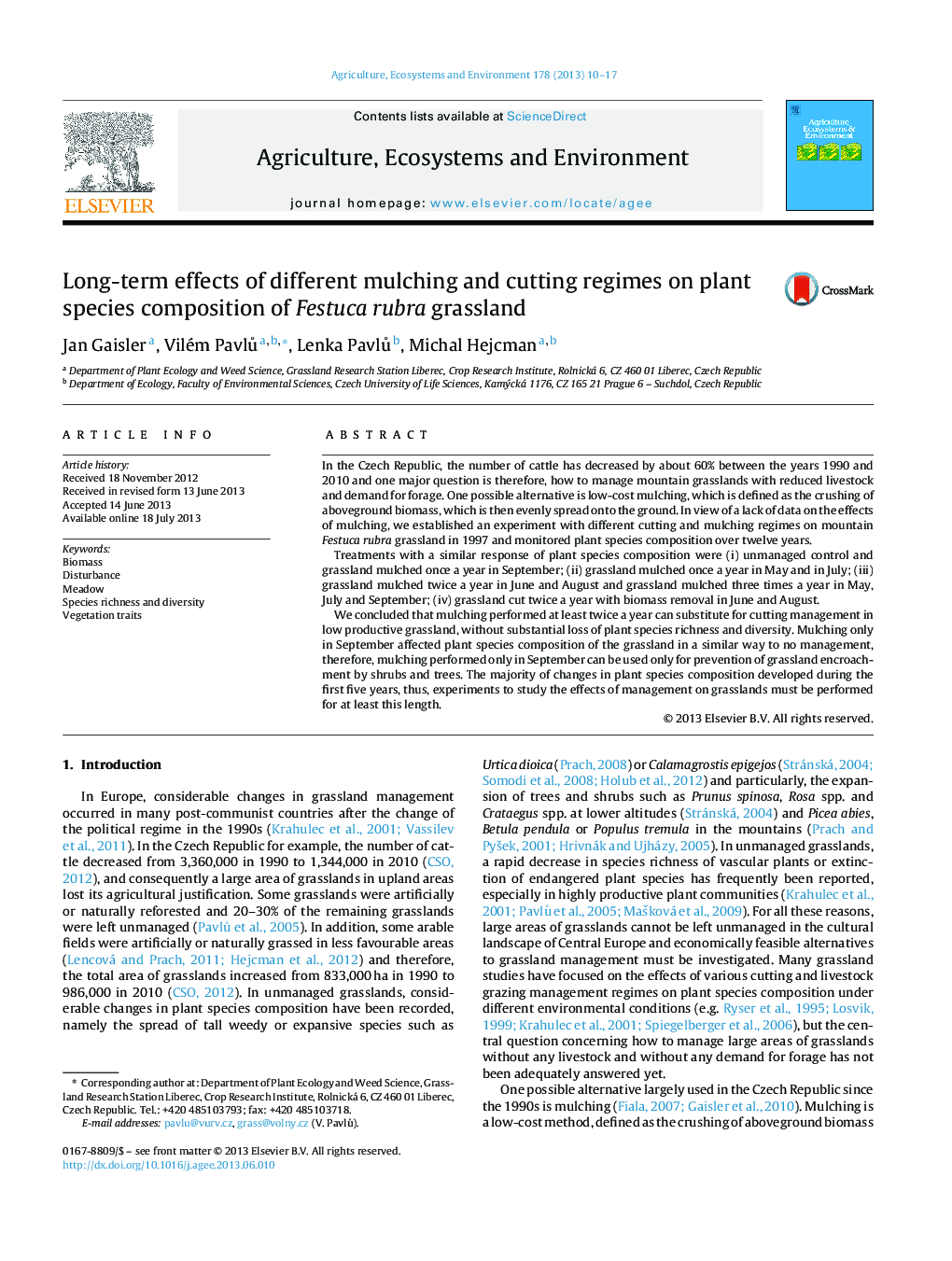 Long-term effects of different mulching and cutting regimes on plant species composition of Festuca rubra grassland