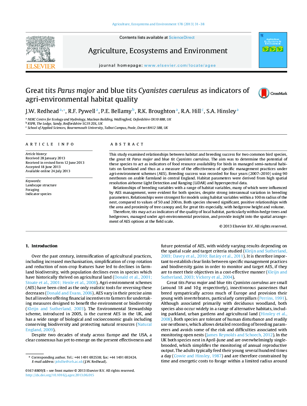 عکس صفحه اول مقاله: Great tits Parus major and blue tits Cyanistes caeruleus as indicators of agri-environmental habitat quality Great tits Parus major and blue tits Cyanistes caeruleus as indicators of agri-environmental habitat quality
