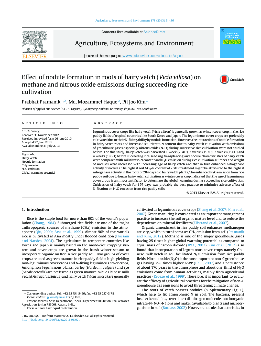 Effect of nodule formation in roots of hairy vetch (Vicia villosa) on methane and nitrous oxide emissions during succeeding rice cultivation