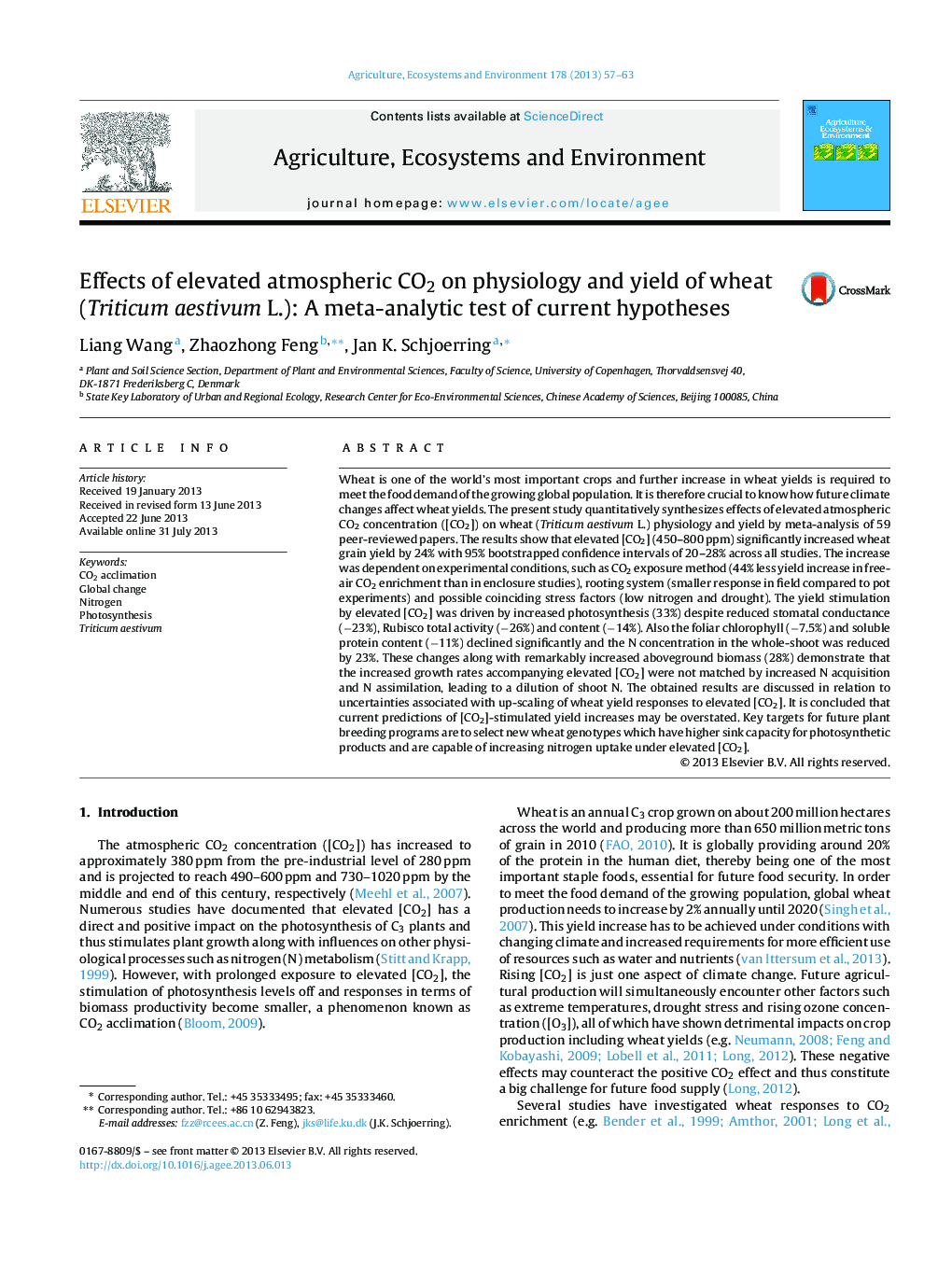 Effects of elevated atmospheric CO2 on physiology and yield of wheat (Triticum aestivum L.): A meta-analytic test of current hypotheses