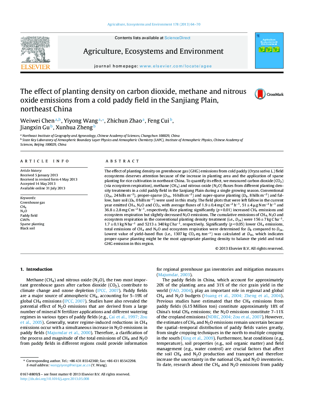 The effect of planting density on carbon dioxide, methane and nitrous oxide emissions from a cold paddy field in the Sanjiang Plain, northeast China