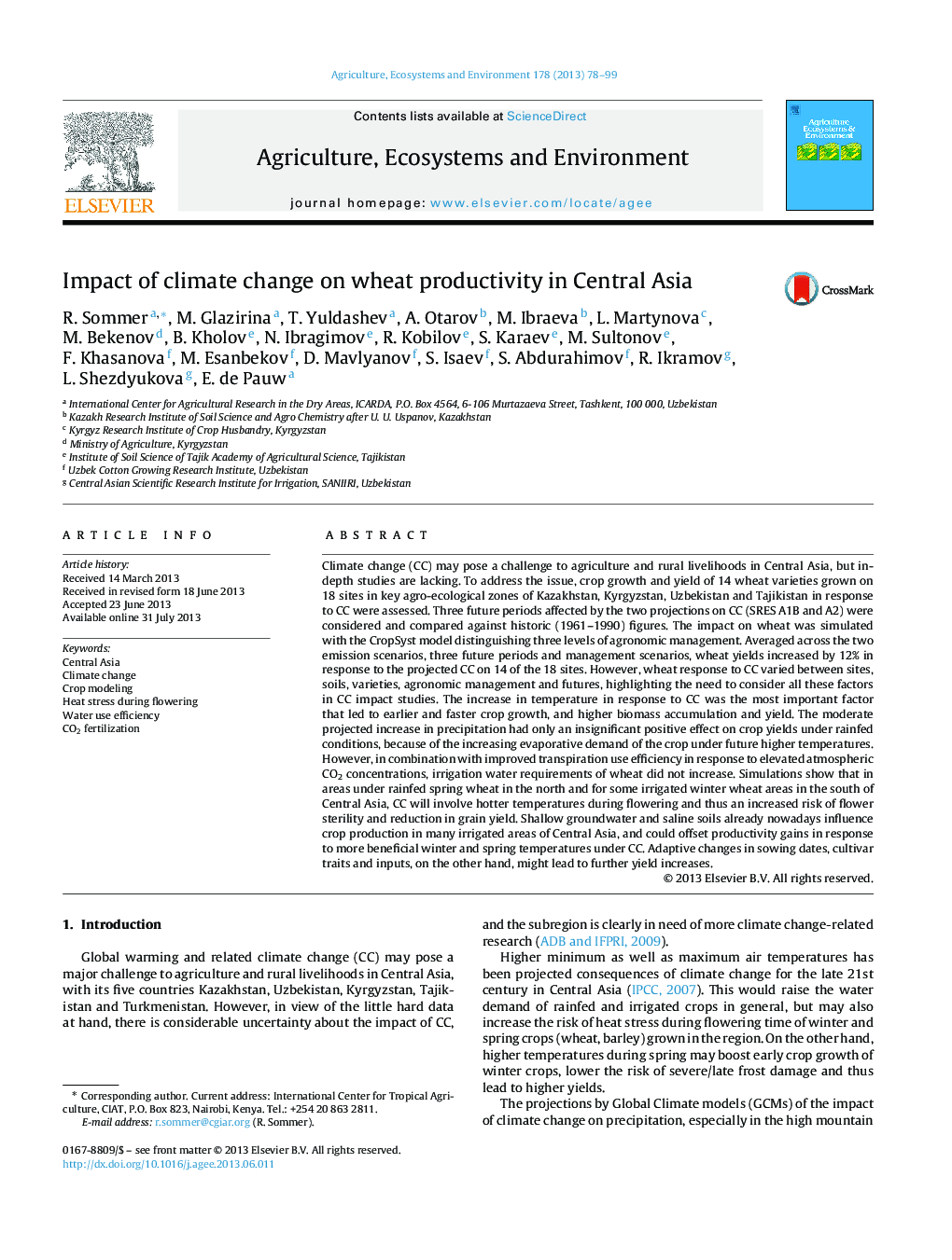 Impact of climate change on wheat productivity in Central Asia