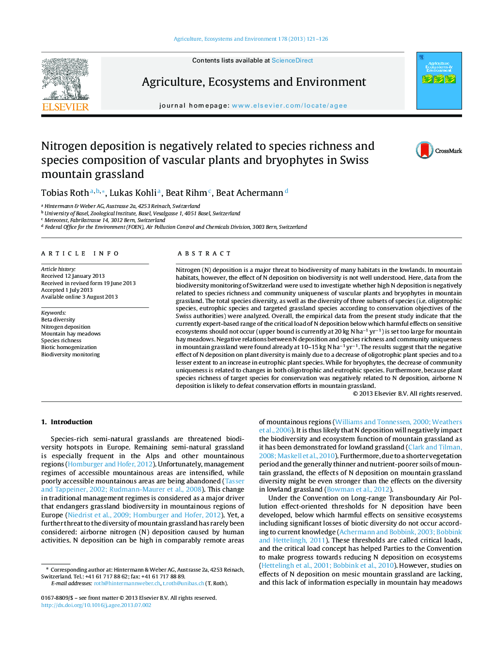 Nitrogen deposition is negatively related to species richness and species composition of vascular plants and bryophytes in Swiss mountain grassland