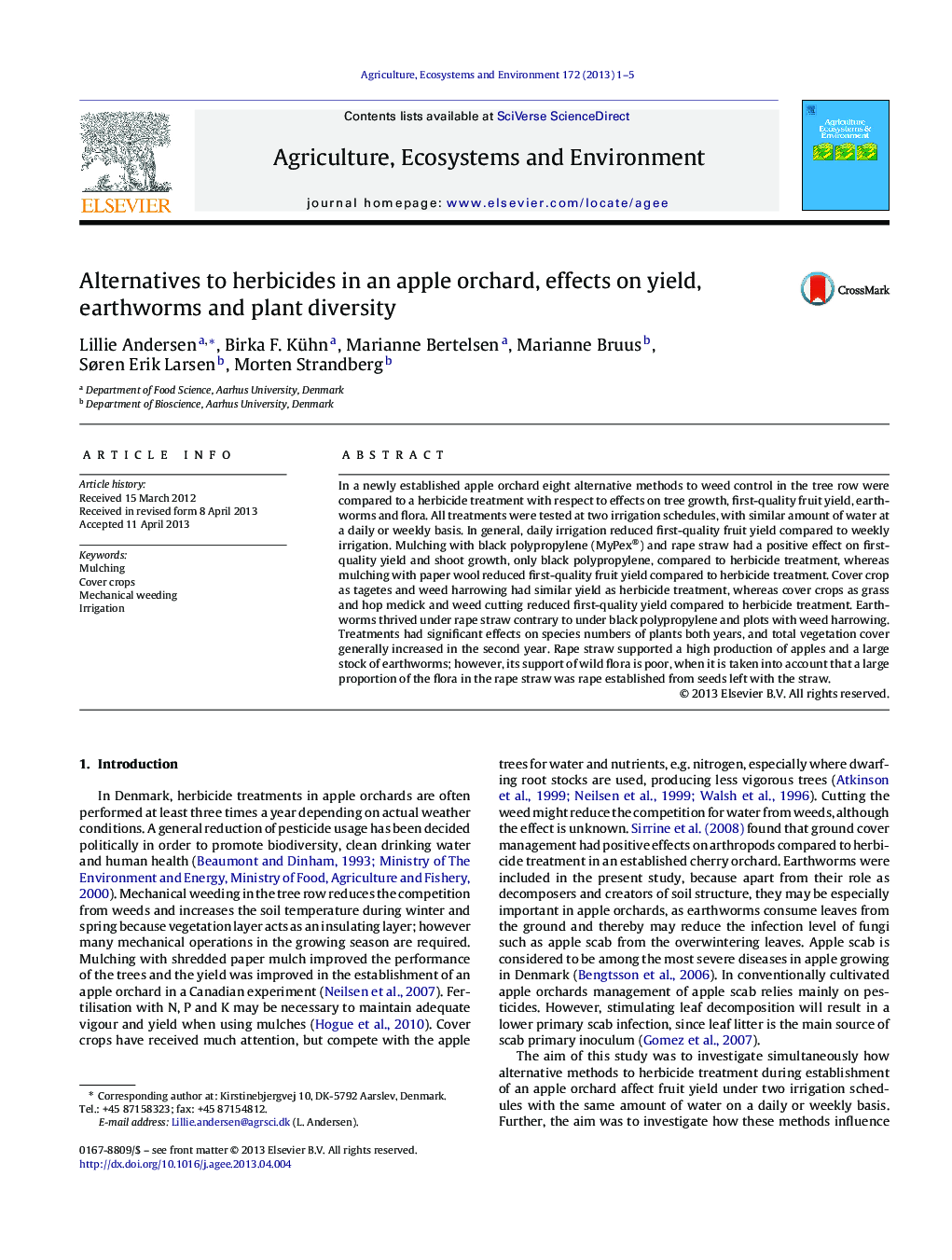 Alternatives to herbicides in an apple orchard, effects on yield, earthworms and plant diversity