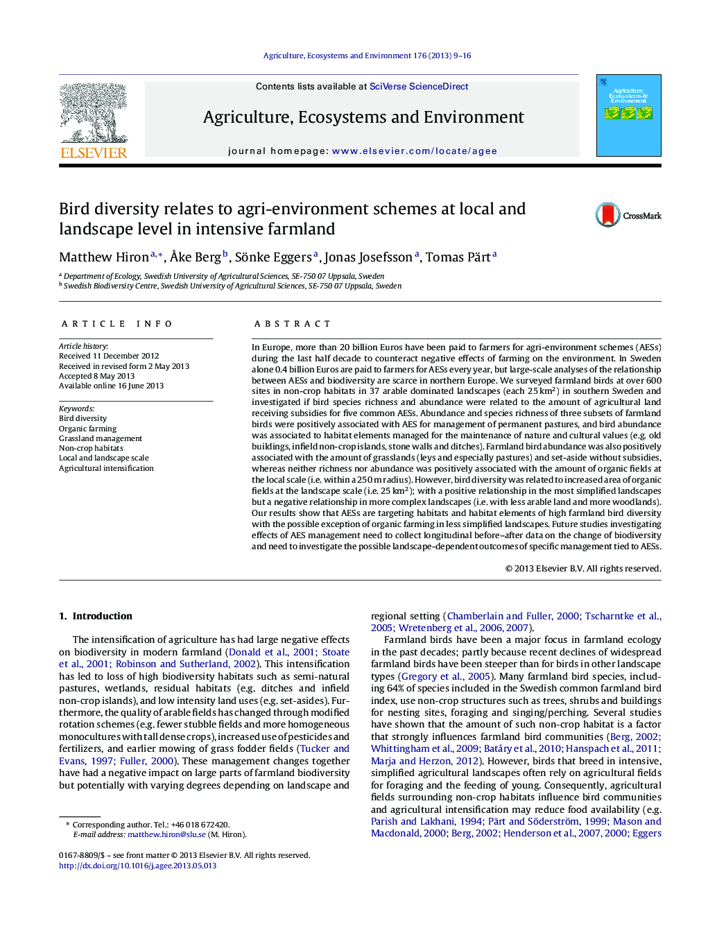 Bird diversity relates to agri-environment schemes at local and landscape level in intensive farmland