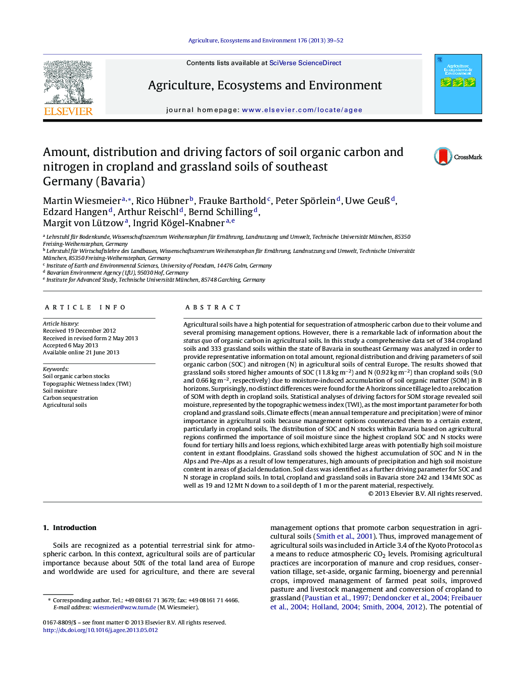 Amount, distribution and driving factors of soil organic carbon and nitrogen in cropland and grassland soils of southeast Germany (Bavaria)