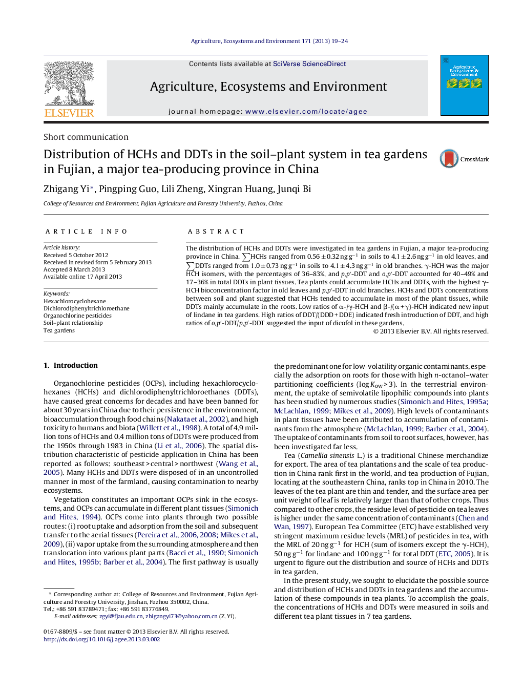 Distribution of HCHs and DDTs in the soil–plant system in tea gardens in Fujian, a major tea-producing province in China