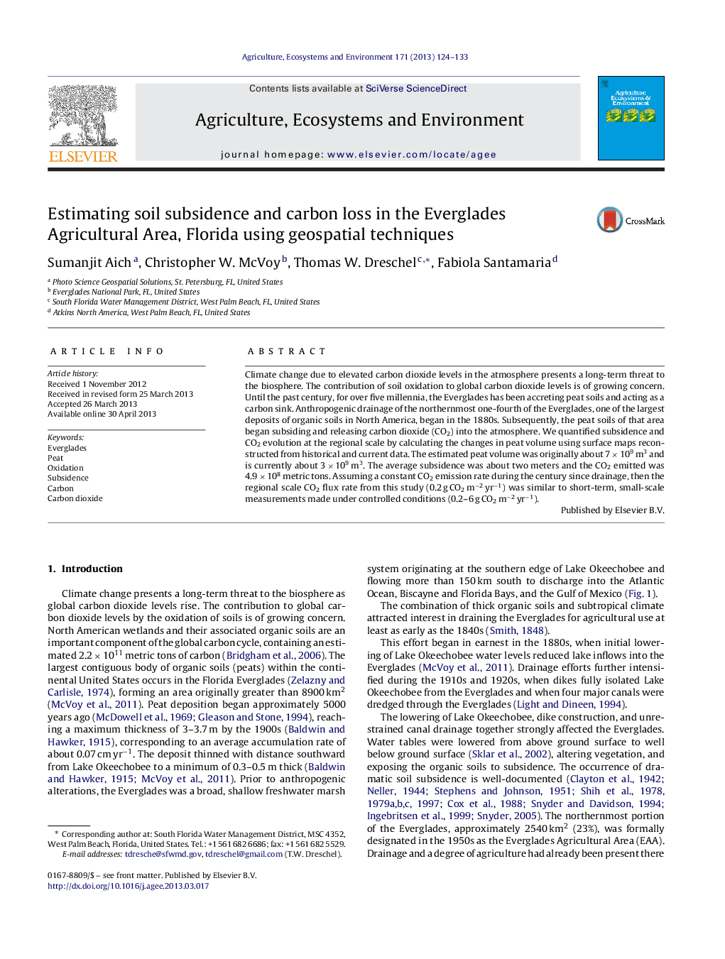 Estimating soil subsidence and carbon loss in the Everglades Agricultural Area, Florida using geospatial techniques