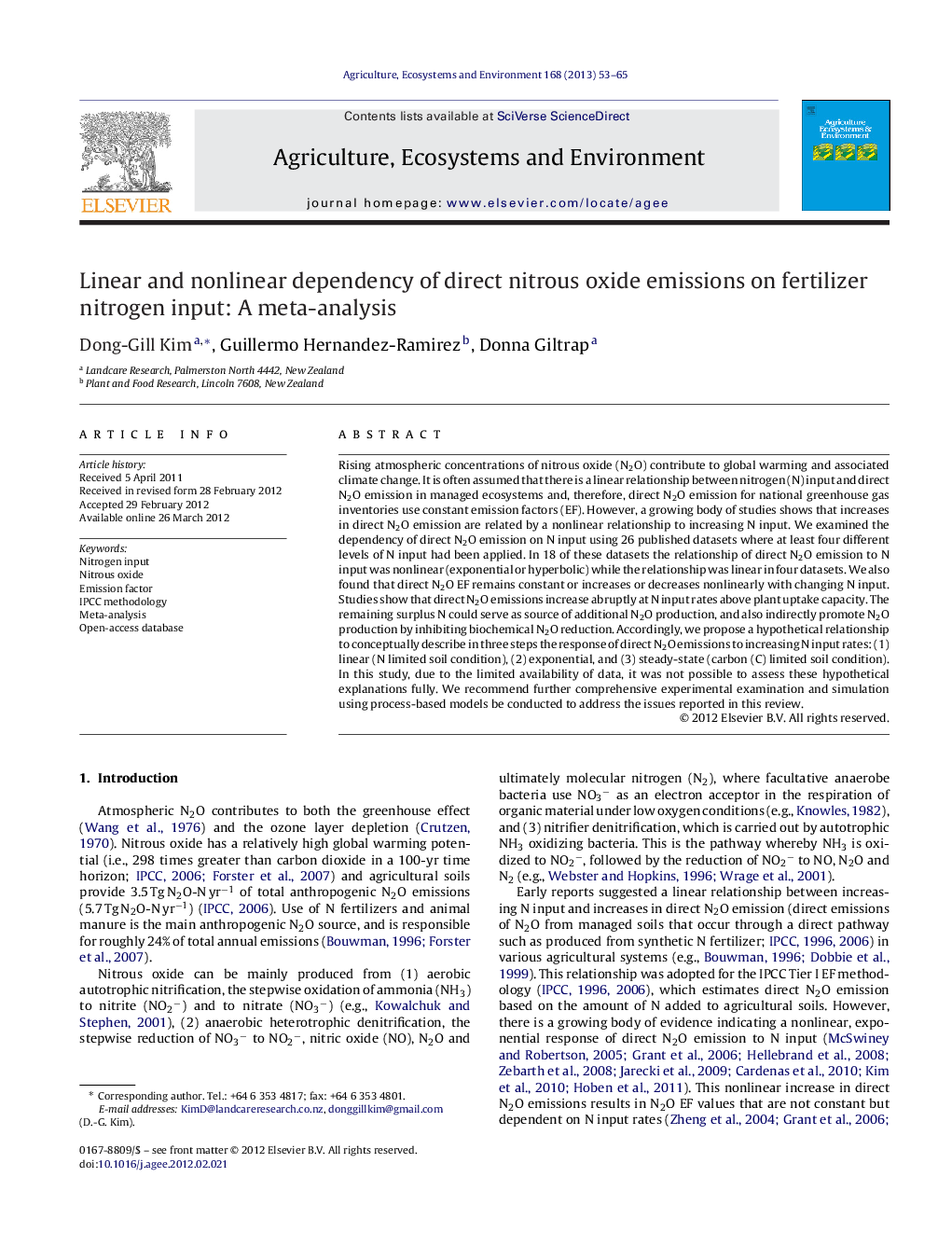 Linear and nonlinear dependency of direct nitrous oxide emissions on fertilizer nitrogen input: A meta-analysis