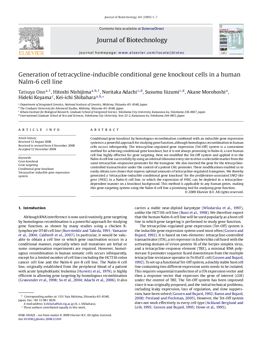 Generation of tetracycline-inducible conditional gene knockout cells in a human Nalm-6 cell line