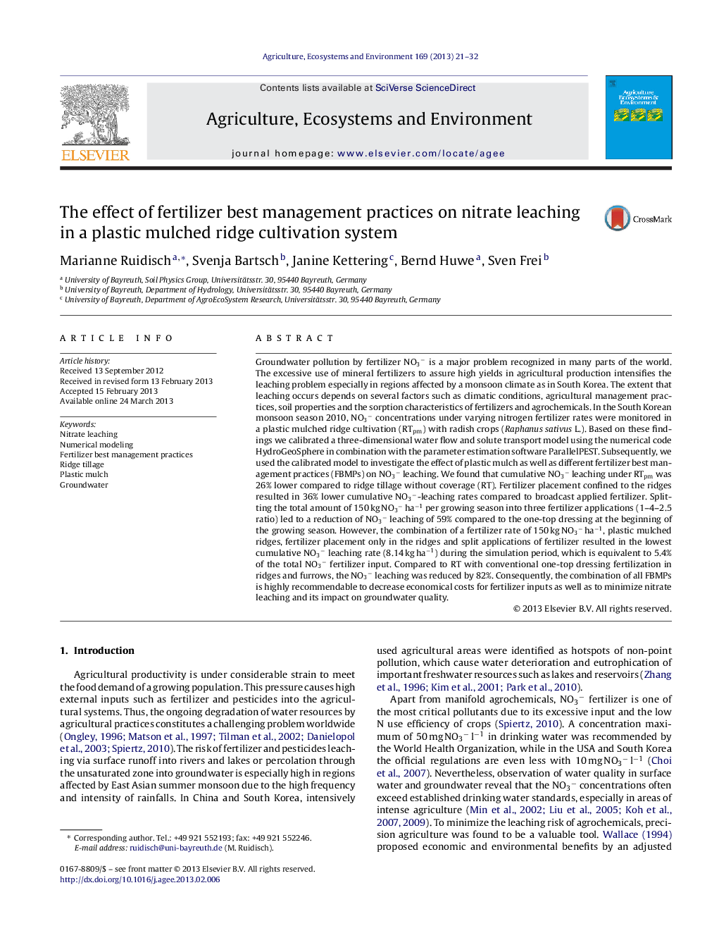 The effect of fertilizer best management practices on nitrate leaching in a plastic mulched ridge cultivation system