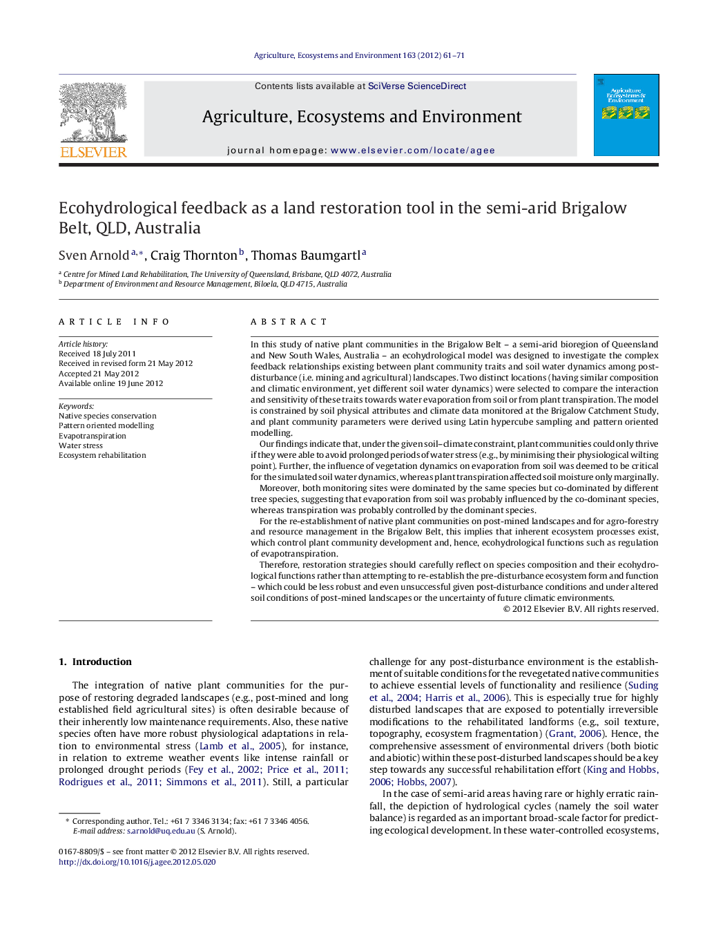 Ecohydrological feedback as a land restoration tool in the semi-arid Brigalow Belt, QLD, Australia