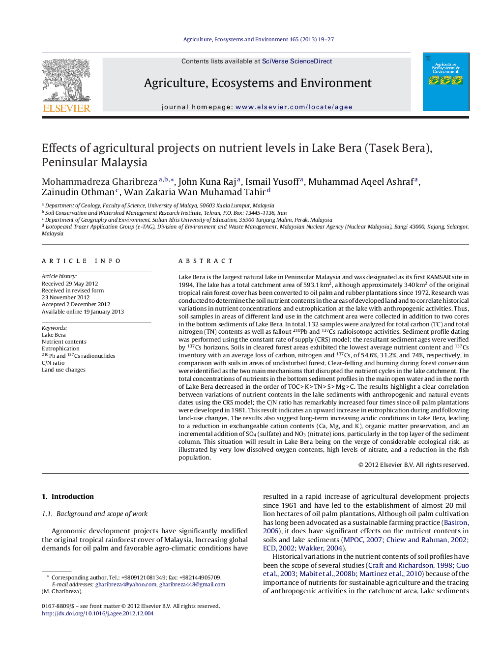 Effects of agricultural projects on nutrient levels in Lake Bera (Tasek Bera), Peninsular Malaysia