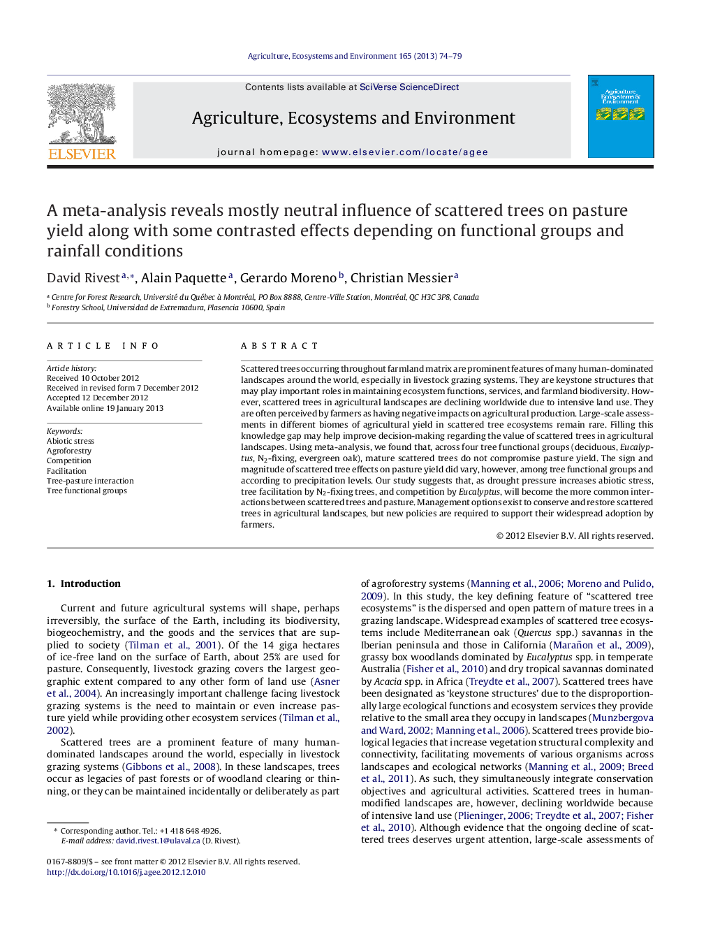 A meta-analysis reveals mostly neutral influence of scattered trees on pasture yield along with some contrasted effects depending on functional groups and rainfall conditions