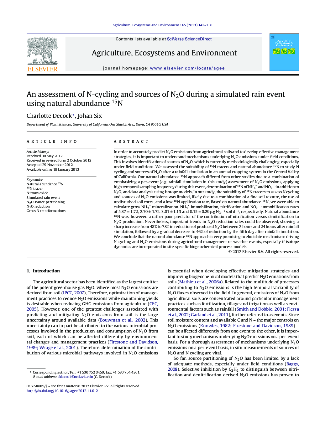 An assessment of N-cycling and sources of N2O during a simulated rain event using natural abundance 15N