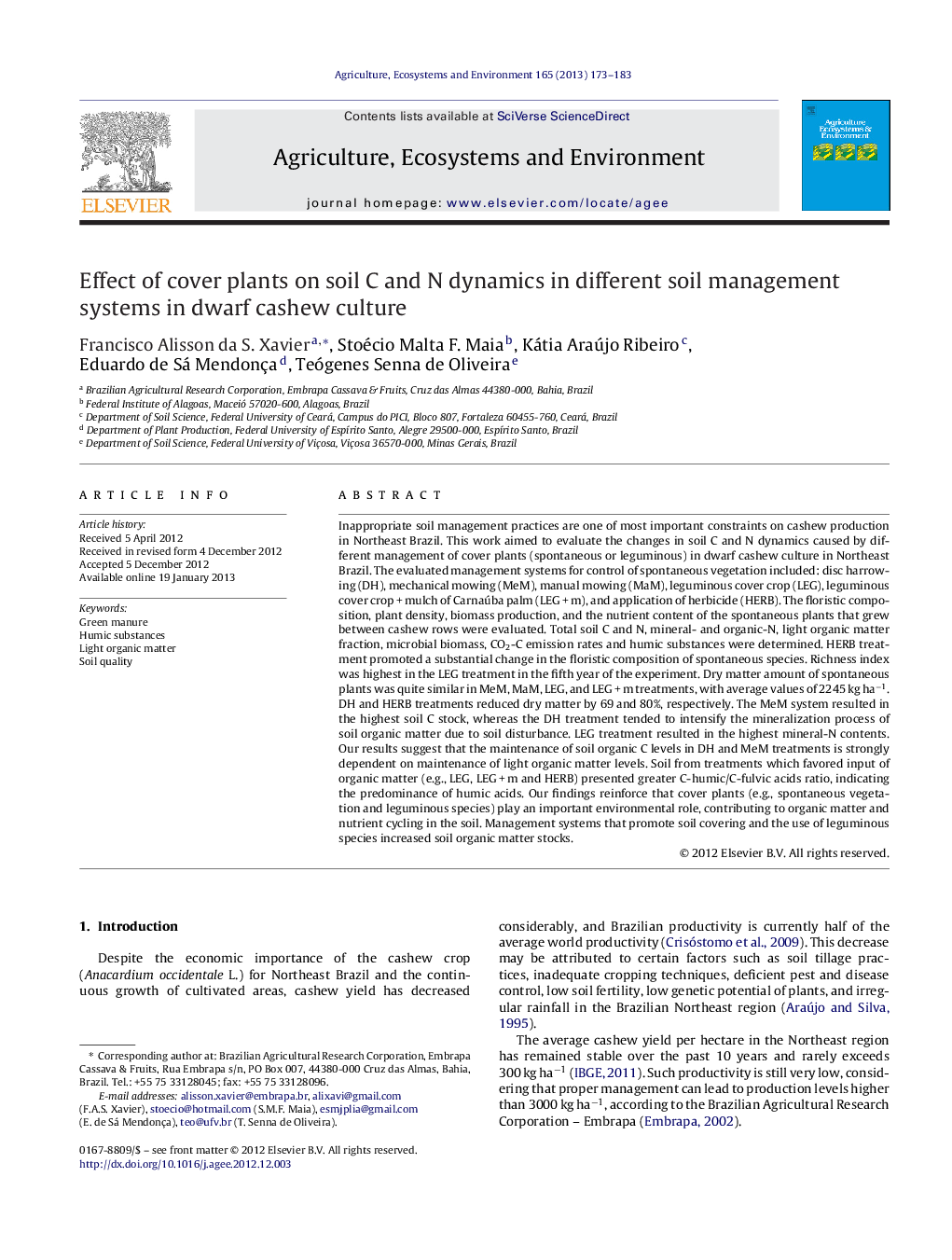 Effect of cover plants on soil C and N dynamics in different soil management systems in dwarf cashew culture