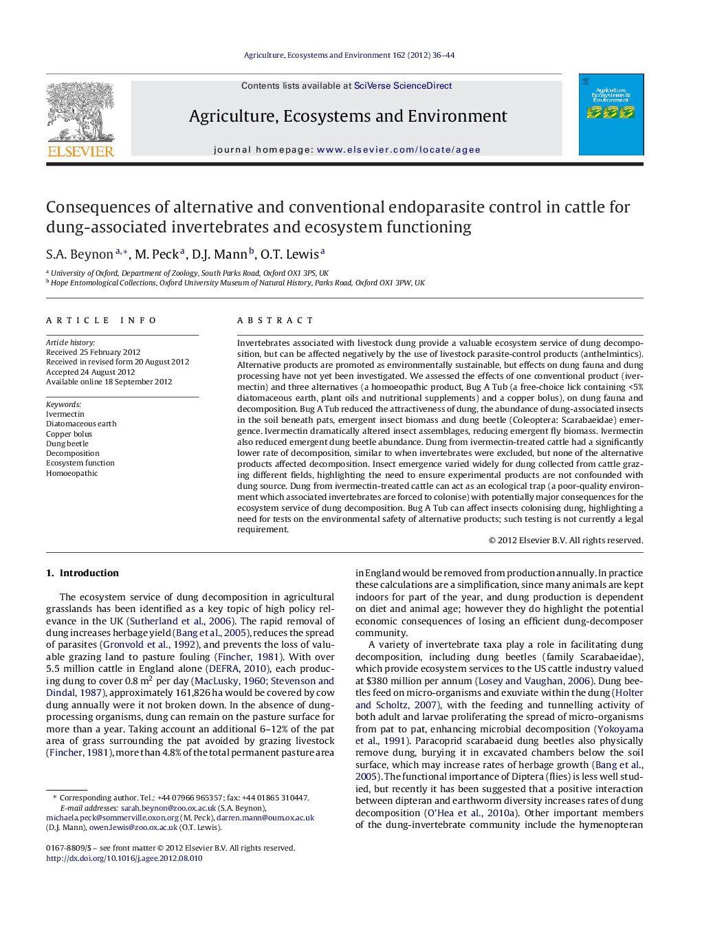 Consequences of alternative and conventional endoparasite control in cattle for dung-associated invertebrates and ecosystem functioning