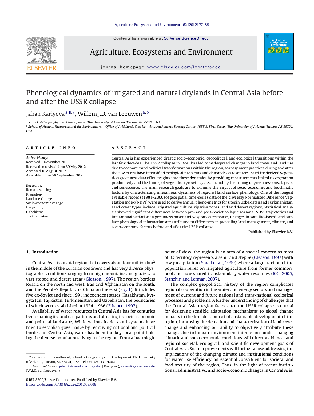 Phenological dynamics of irrigated and natural drylands in Central Asia before and after the USSR collapse