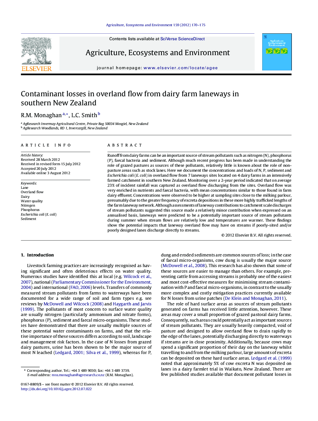 Contaminant losses in overland flow from dairy farm laneways in southern New Zealand