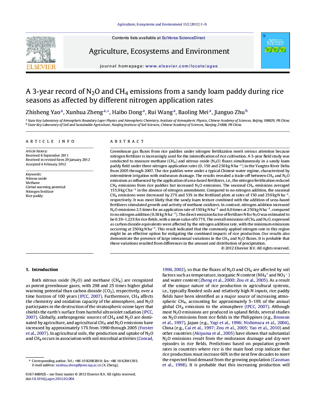 A 3-year record of N2O and CH4 emissions from a sandy loam paddy during rice seasons as affected by different nitrogen application rates