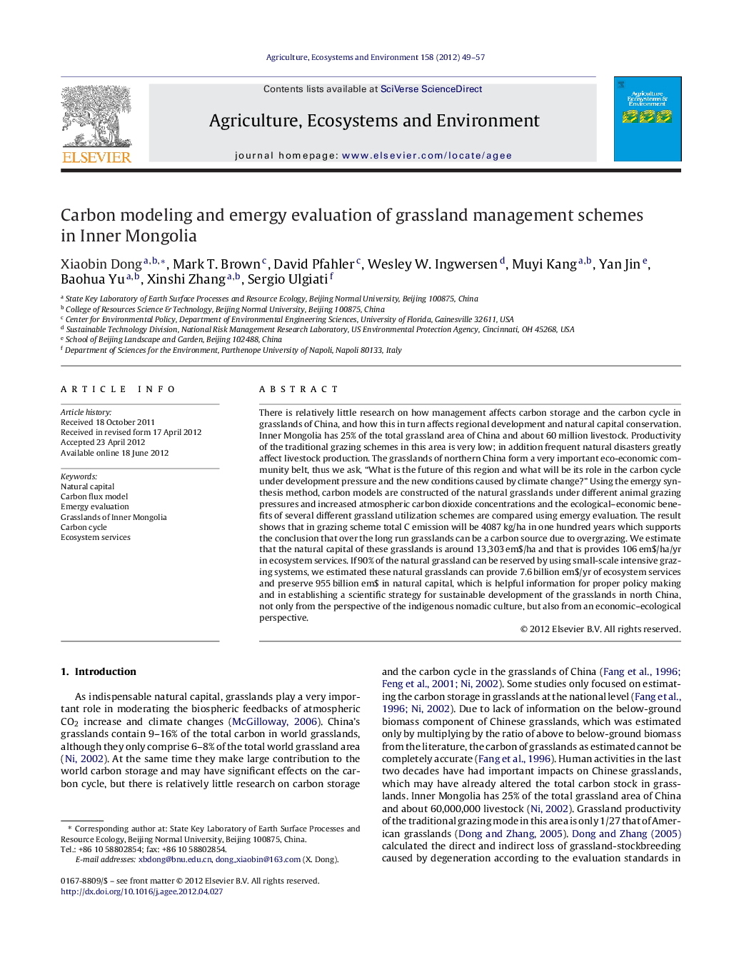 Carbon modeling and emergy evaluation of grassland management schemes in Inner Mongolia