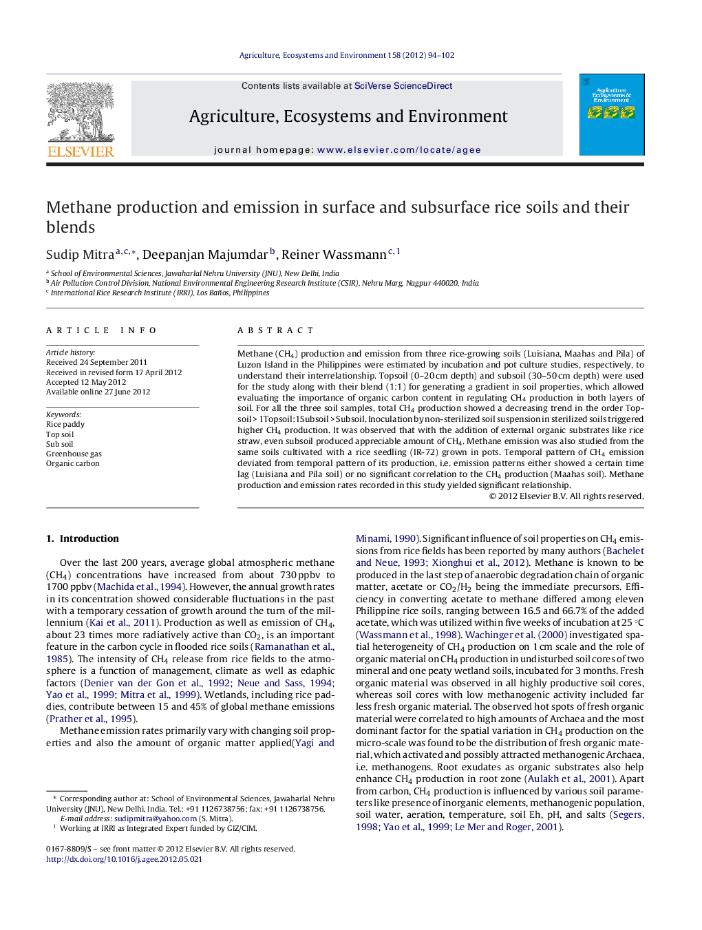 Methane production and emission in surface and subsurface rice soils and their blends