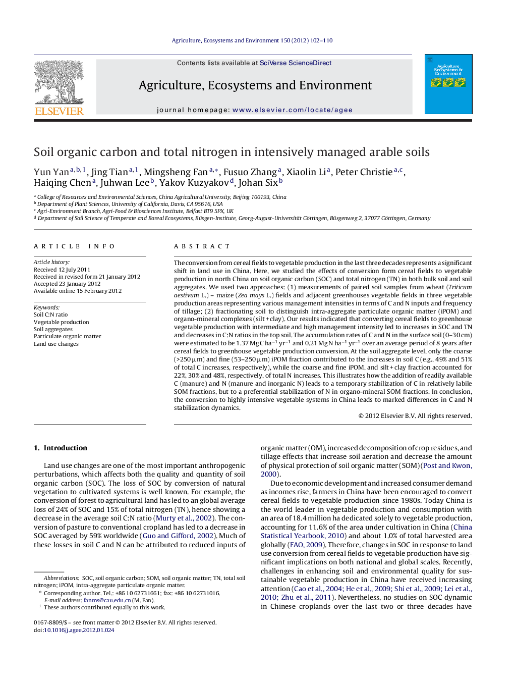 Soil organic carbon and total nitrogen in intensively managed arable soils