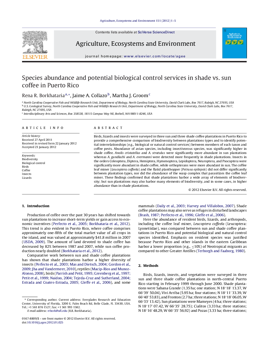 Species abundance and potential biological control services in shade vs. sun coffee in Puerto Rico