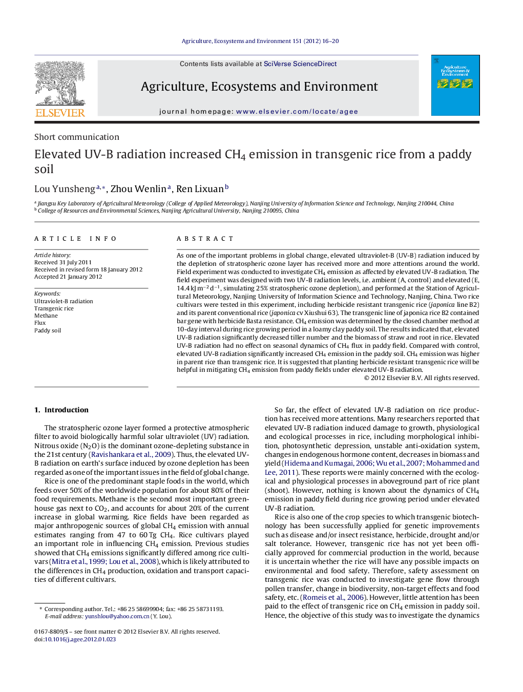 Elevated UV-B radiation increased CH4 emission in transgenic rice from a paddy soil