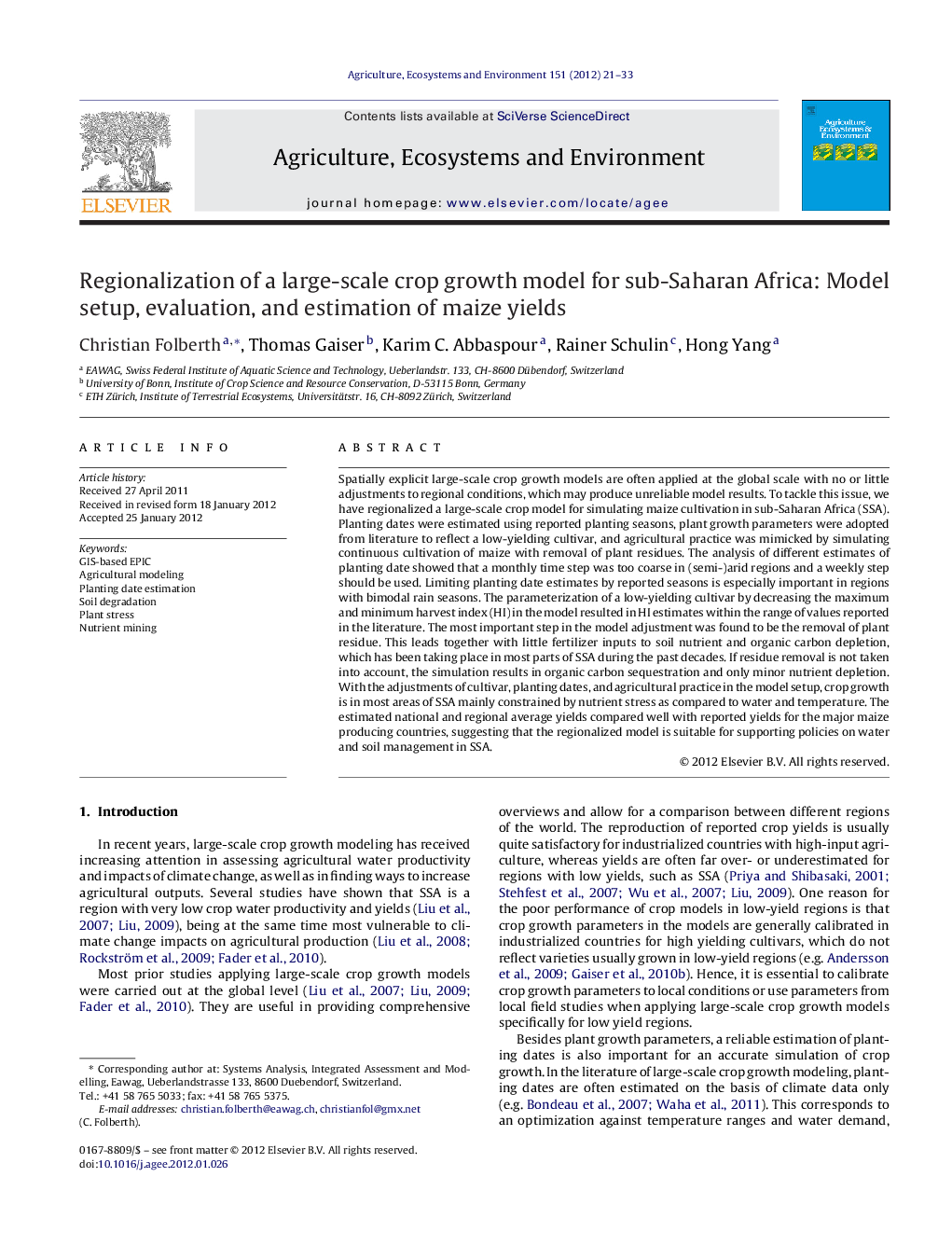 Regionalization of a large-scale crop growth model for sub-Saharan Africa: Model setup, evaluation, and estimation of maize yields