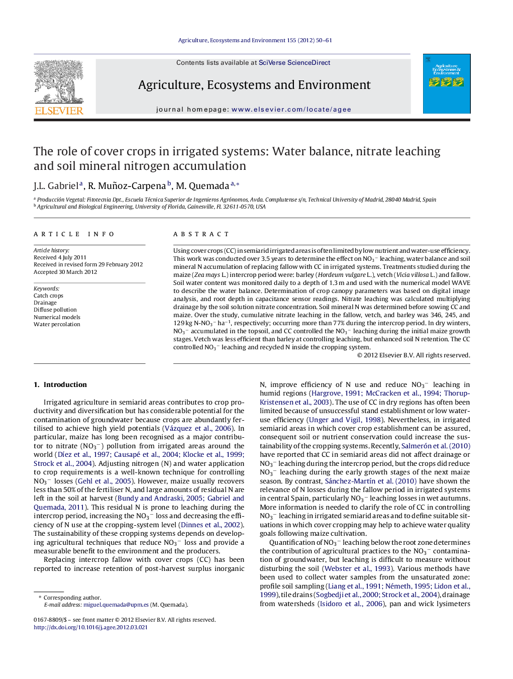 The role of cover crops in irrigated systems: Water balance, nitrate leaching and soil mineral nitrogen accumulation