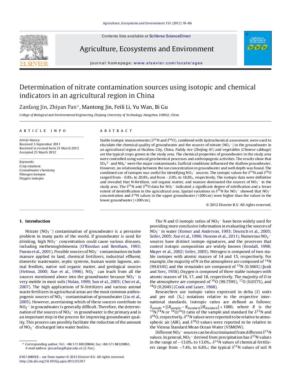 Determination of nitrate contamination sources using isotopic and chemical indicators in an agricultural region in China