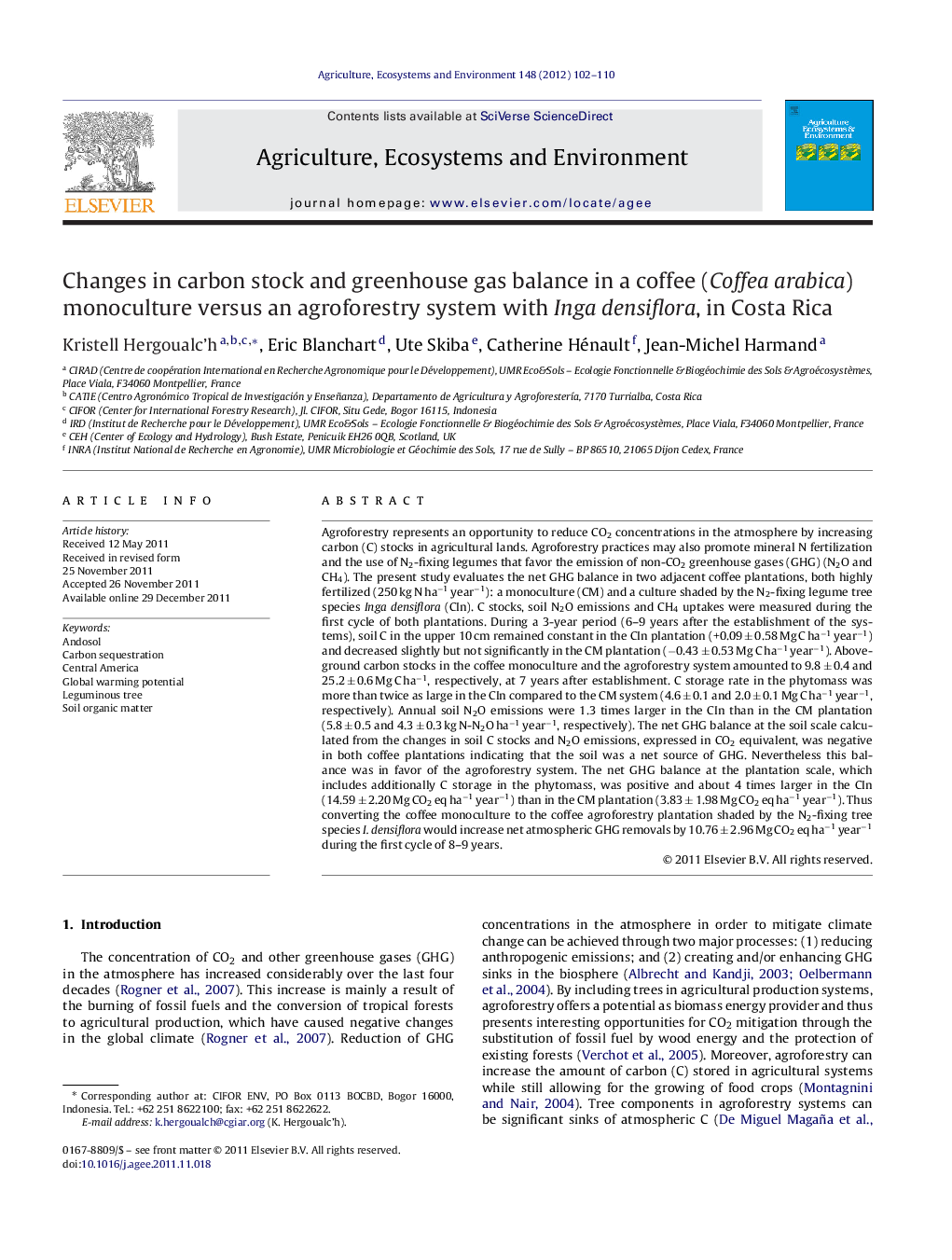 Changes in carbon stock and greenhouse gas balance in a coffee (Coffea arabica) monoculture versus an agroforestry system with Inga densiflora, in Costa Rica