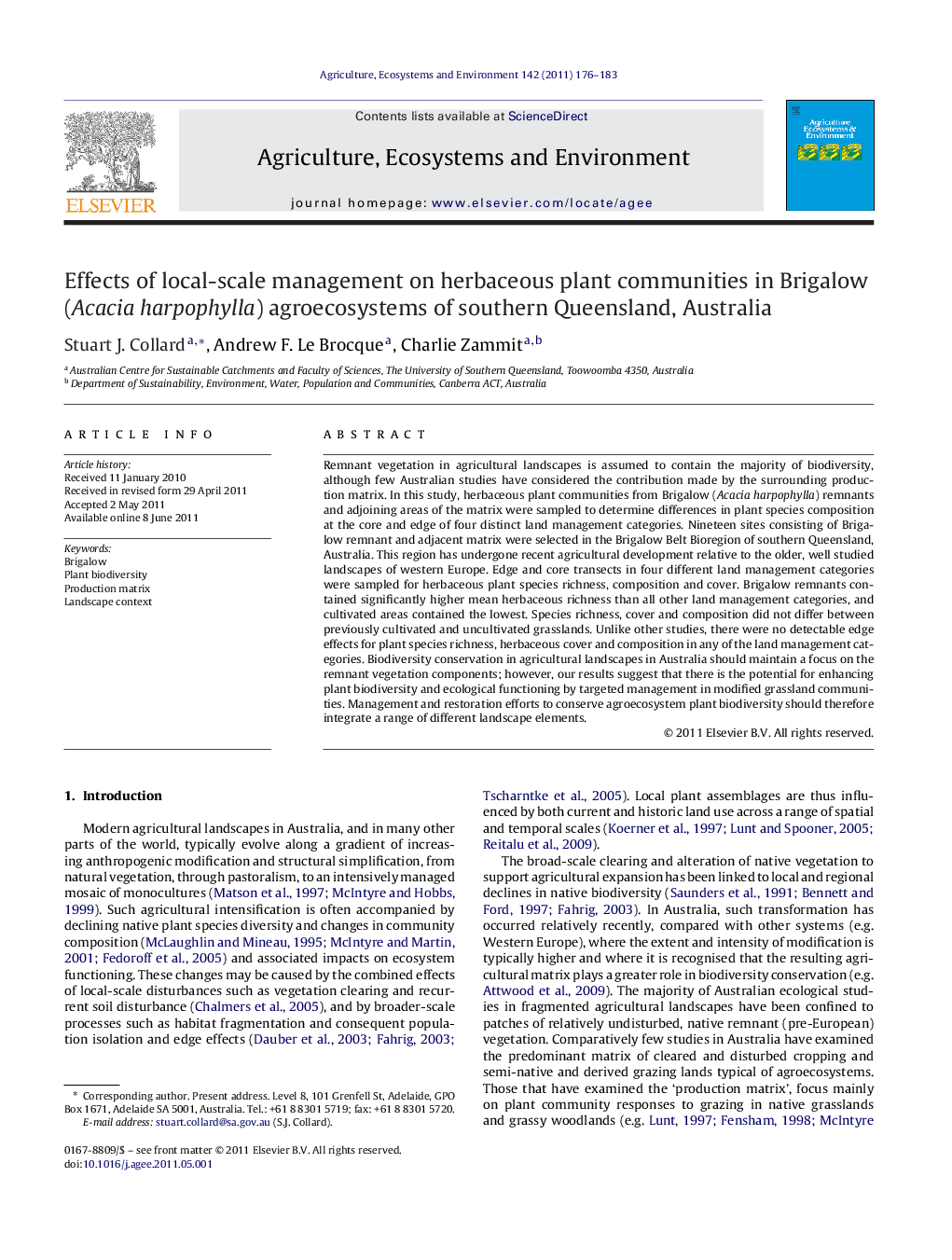 Effects of local-scale management on herbaceous plant communities in Brigalow (Acacia harpophylla) agroecosystems of southern Queensland, Australia