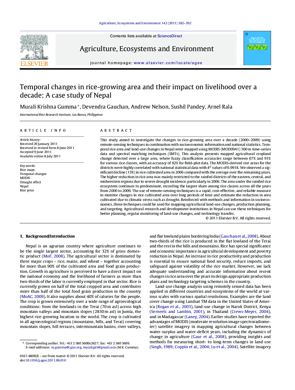 Temporal changes in rice-growing area and their impact on livelihood over a decade: A case study of Nepal