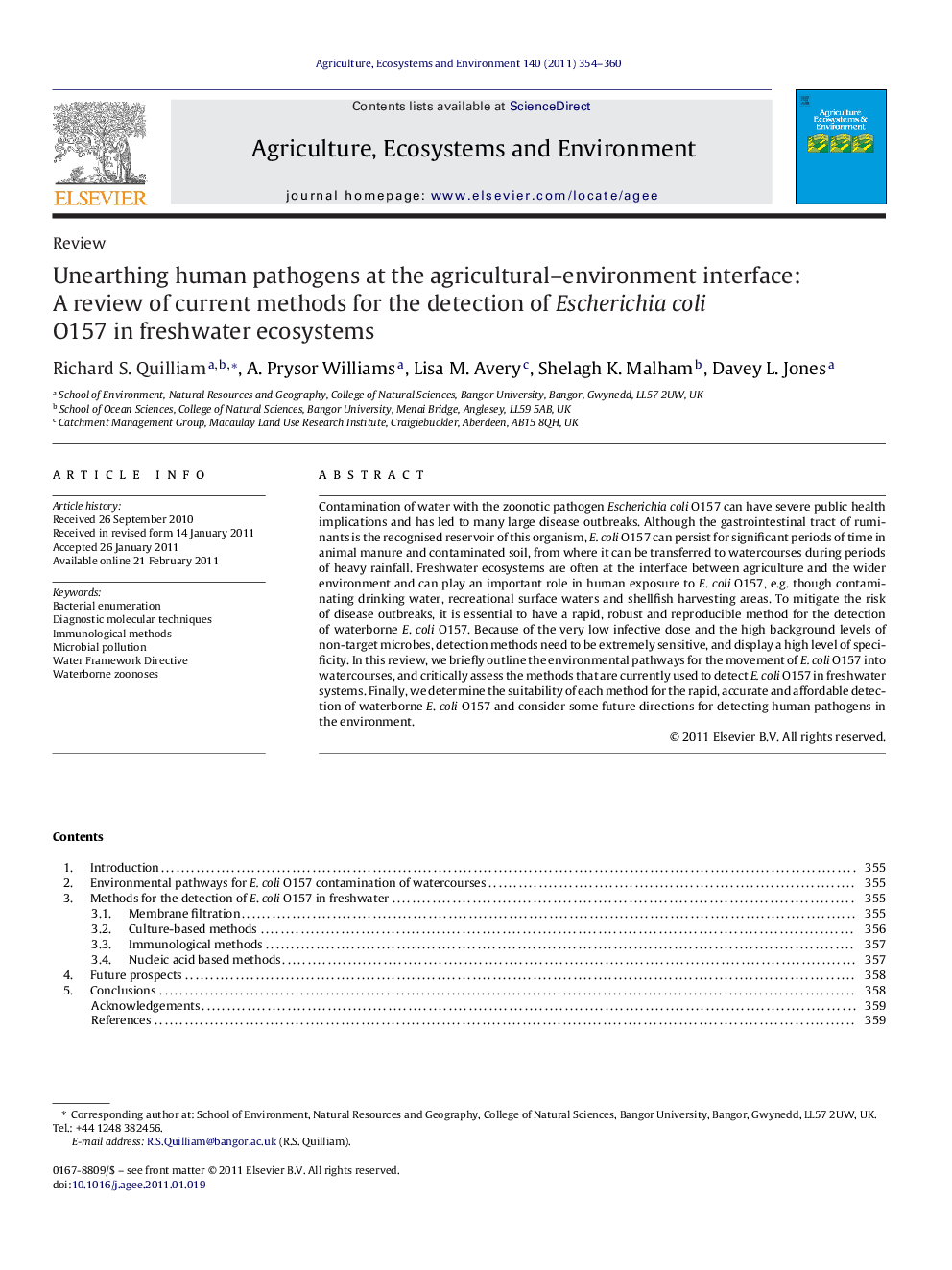 Unearthing human pathogens at the agricultural–environment interface: A review of current methods for the detection of Escherichia coli O157 in freshwater ecosystems