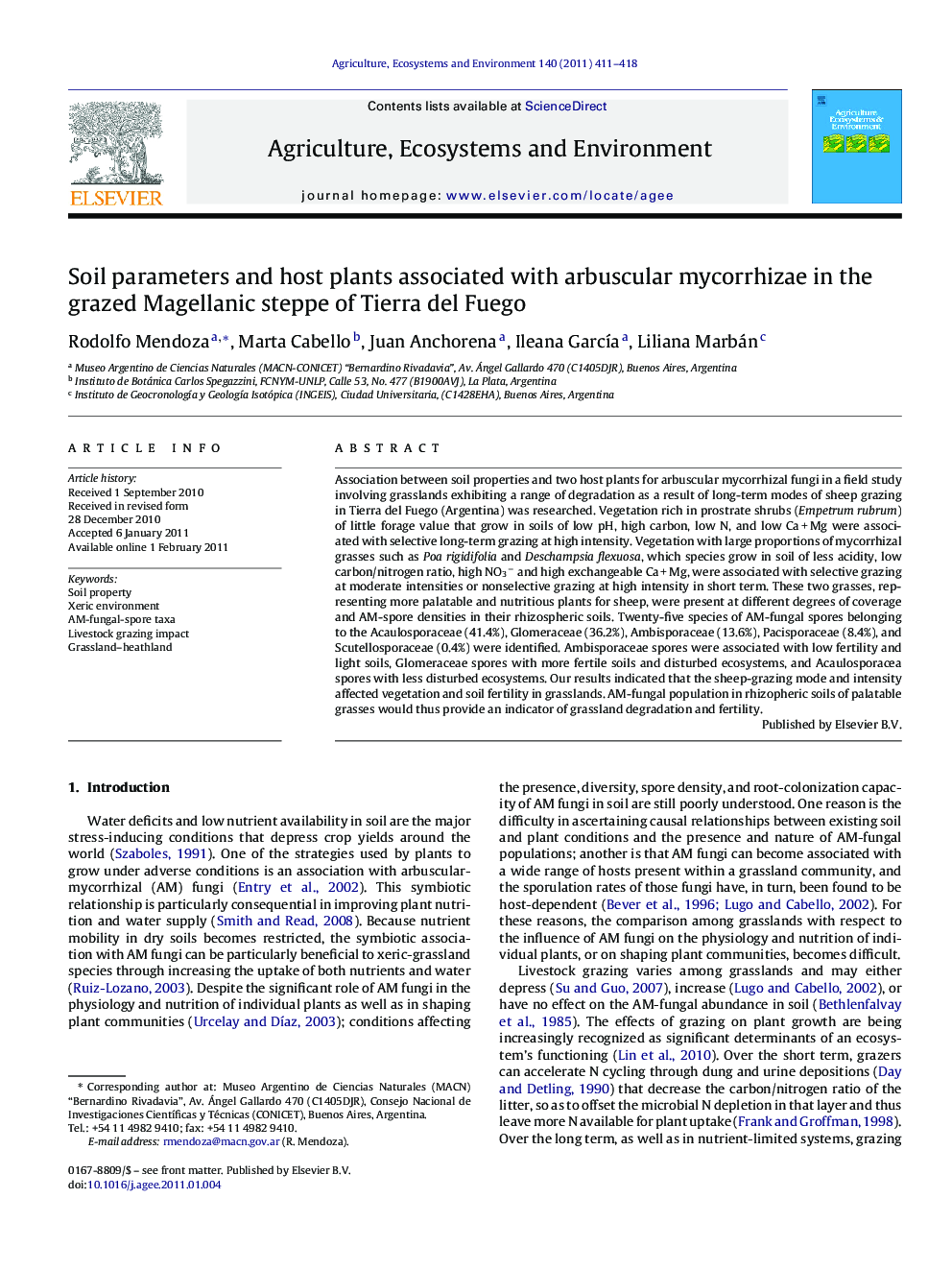 Soil parameters and host plants associated with arbuscular mycorrhizae in the grazed Magellanic steppe of Tierra del Fuego