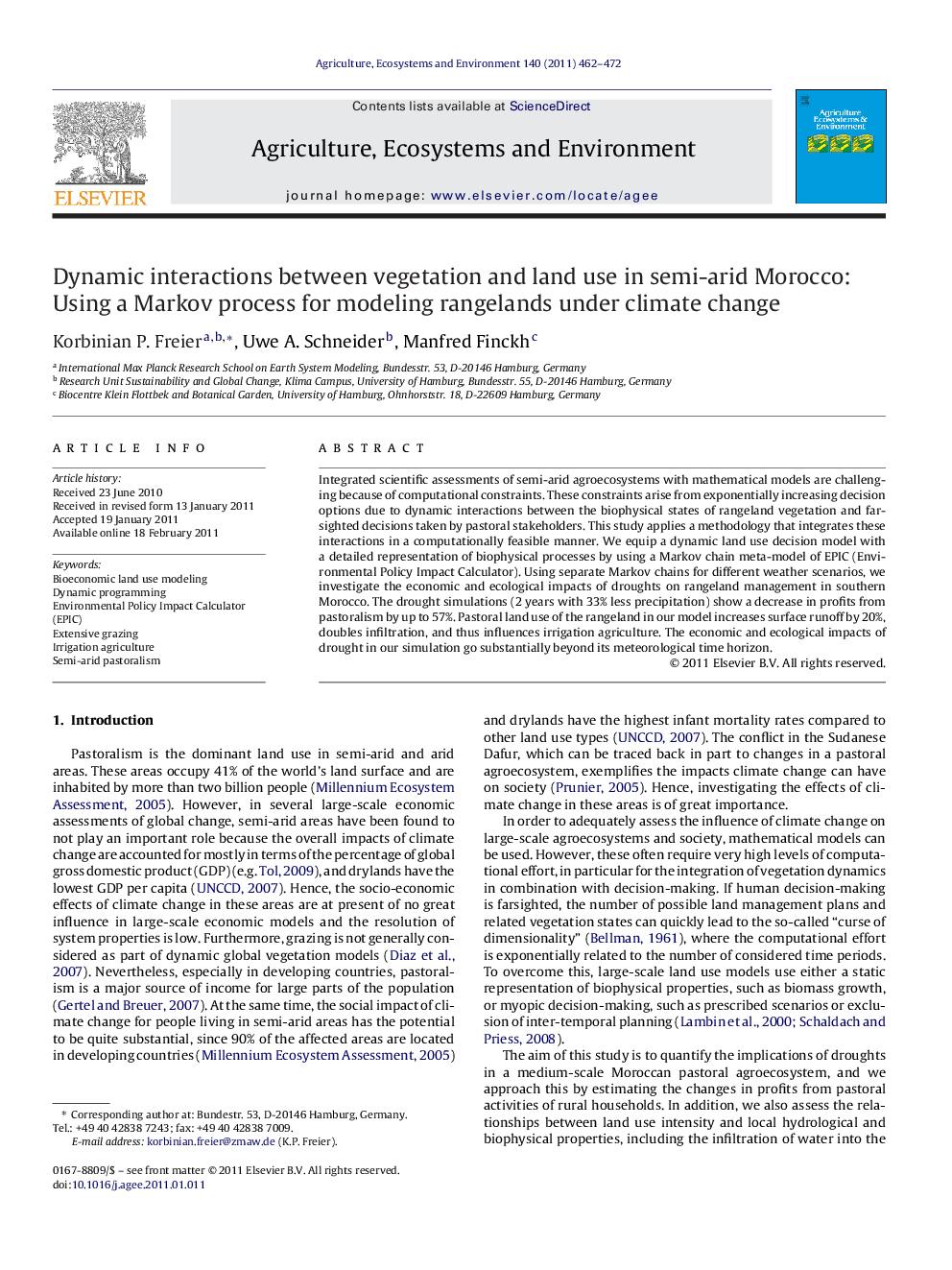 Dynamic interactions between vegetation and land use in semi-arid Morocco: Using a Markov process for modeling rangelands under climate change