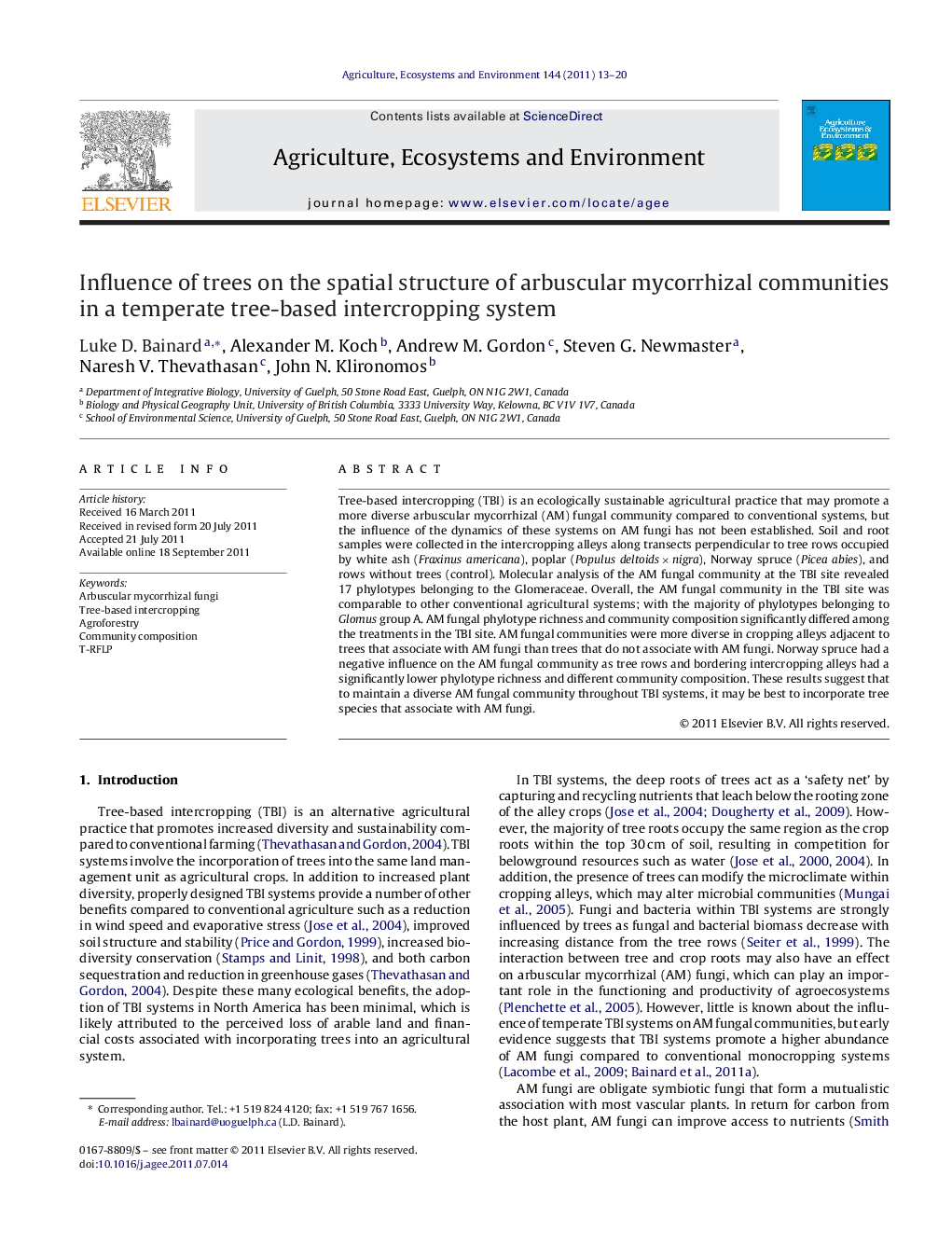 Influence of trees on the spatial structure of arbuscular mycorrhizal communities in a temperate tree-based intercropping system